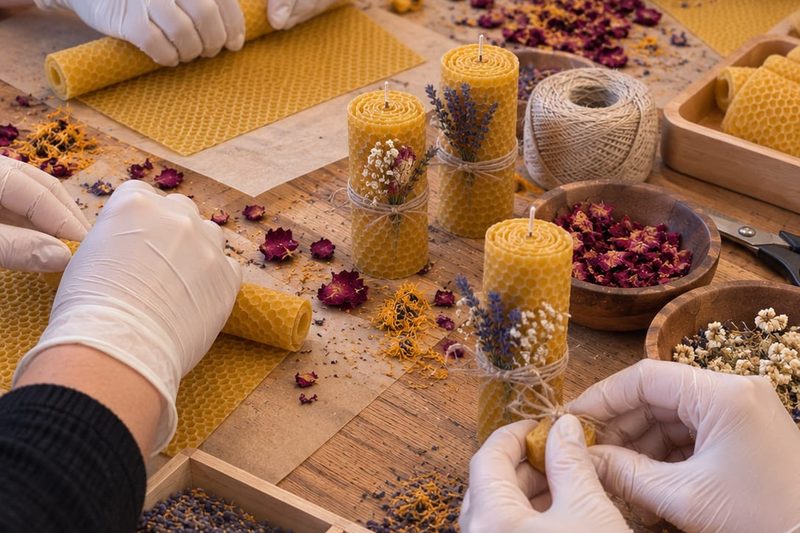 Gloved hands rolling beeswax candle sheets at a workshop table scattered with dried flowers, lavender and twine