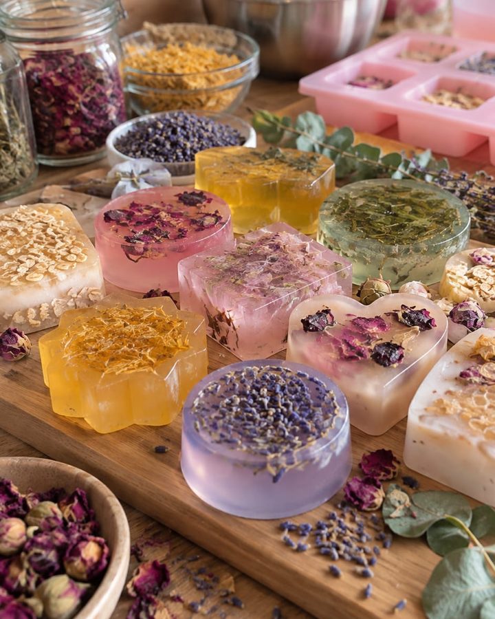 Handmade soaps decorated with dried petals and lavender, laid out on a wooden board among jars of dried flowers and moulds